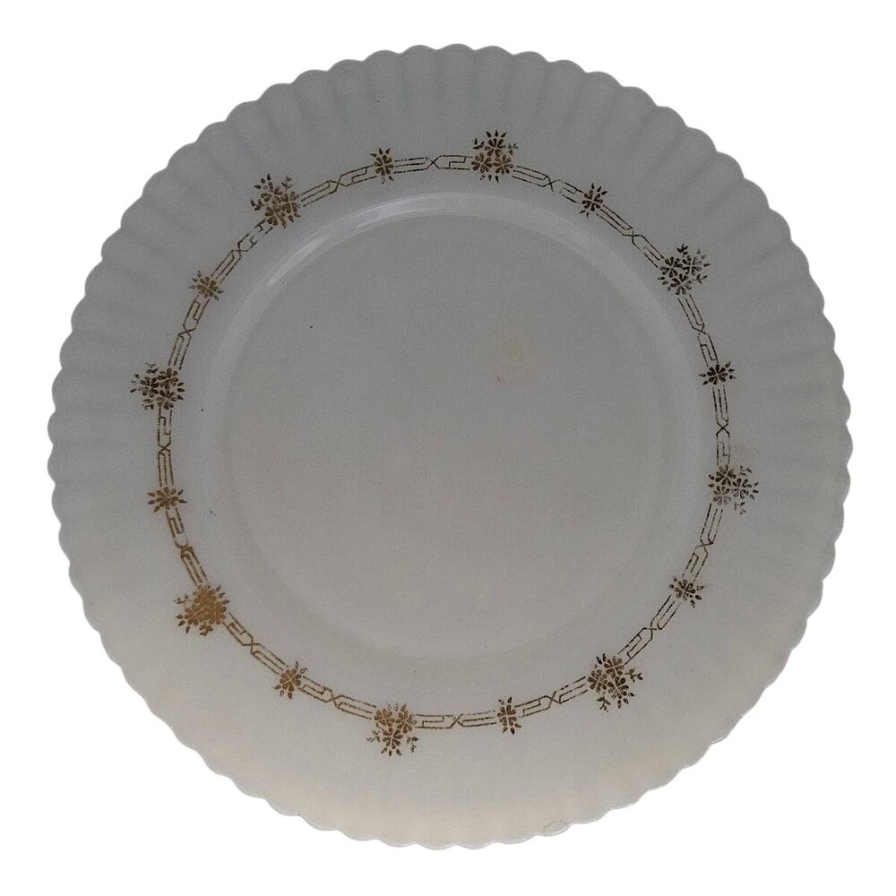 Vintage White Milk Glass Salad Plates Gold Floral Ribbed Edge Set of 2